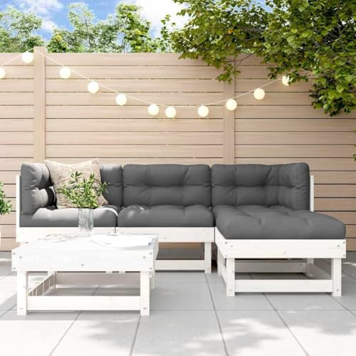 JHQHSM 5-TLG. Garten-Lounge-Set aus Massivholz mit Kissen in Weiß für Terrasse und Garten Dieses robuste Lounge-Set aus massivem Kiefernholz mit bequemen Polsterkissen und modularem