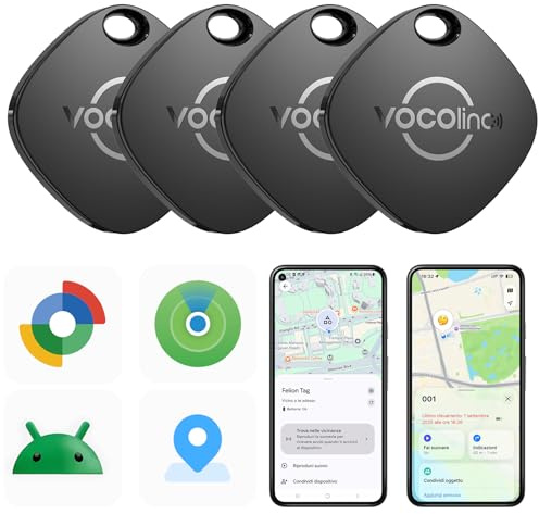 VOCOlinc Android Tag Smarttag Localizador Compatible con Google Localizador o Apple Buscar App, Rastreador Bluetooth Item Tracker para Llaves/Cartera/Bicicleta/Maleta, Batería Reemplazable, Pack de 4