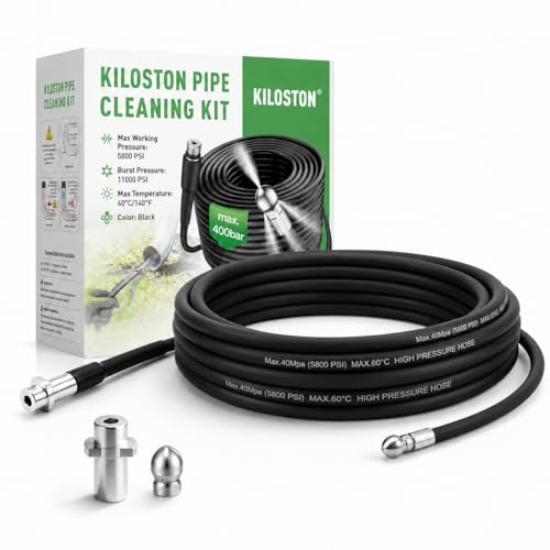 KiloSton Rohrreinigungsschlauch Set 10m, schmaler flexibler Hochdruck Kanalreinigungsschlauch 400 Bar/5800 PSI, kompatibel mit K-Serie K2–K7, für Rohrbögen, enge Rohre, verstopfte Abflüsse