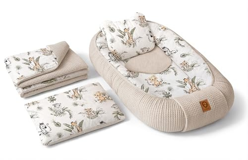 Babynest Nestchen Baby Set für Neugeborene – 5-teilig – Kuschelnest aus 100% Baumwolle & Waffelpique – Babykokon tragbar – für Babybett, Kinderbett & Kinderwagen – OEKO-TEX - Safari und Sand