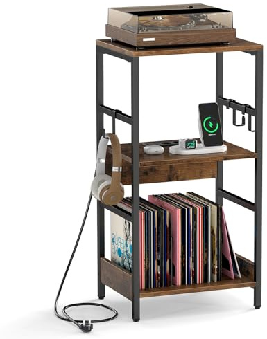 COSTWAY Meuble Platine Vinyle avec Prise, Rangement Platine Vinyle avec 2 Séparateurs, 3 Crochets, Cadre en Métal, Support Tourne-Disque pour CD DVD Manga, Meuble HiFi Vinage pour Salon, Chambre