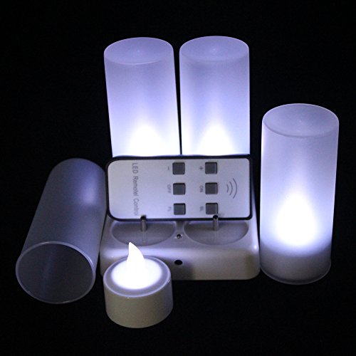 EuroFone wiederaufladbare LED Kerzen Flackern Teelicht Kerze Flammenlos mit Ladestation Halter 4 Stück (Cold white with remote)