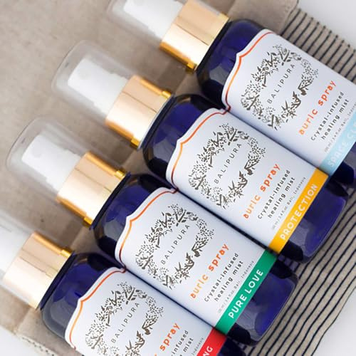 BALIPURA - Heilende Kristall Auric Mischungen mit organischen reinen ätherischen Ölen. Geschenkset: Pure Love, Protection, Space Clearing & Grounding. Aura Mist aus Bali. 4 x 100 ml