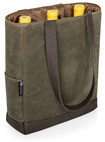 Picnic TIME 3 Bottle Insulated Wine Bag, Distressed Waxed Canvas Wine Tote, Durable Bottle Carrier Bag for Gifts and Travel with Side Pockets & Removable Divider, (Khaki Green with Brown Accents)