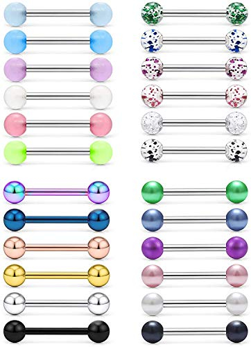 VF VFUN 14G Nipple Rings Tongue Rings Stainless Steel Straight Barbells Glow in The Dark Pearls Piercing Jewelry for Women Men Bar Length 16MM 24PCS