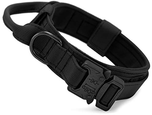 Huntvp Hundhalsband, taktisk hundkrage med handtag, militärt justerbart halsband metallspänne för små stora medelstora hundar, träning utomhusjakt (svart)