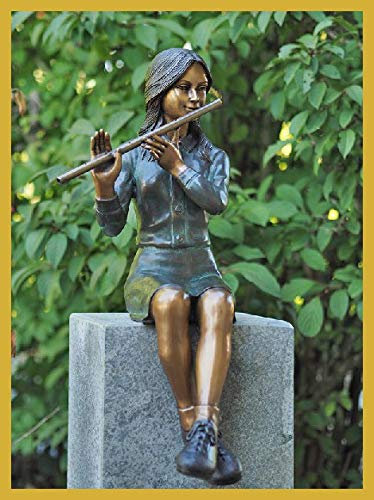 IDYL Bronze-Skulptur Sitzendes Mädchen mit Einer Flöte | 66x34x28 cm | Kinderfigur aus Bronze handgefertigt | Gartenskulptur - Wohnbereich-Dekoration | Hochwertiges Kunsthandwerk | Wetterfest