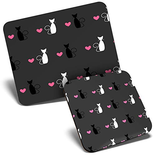 Mouse Mat & Coaster Set - Black & White Cat Love Heart Print 23.5 x 19.6 cm & 9 x 9 cm for Computer & Laptop, Office, Gift, Non-slip Base #44287