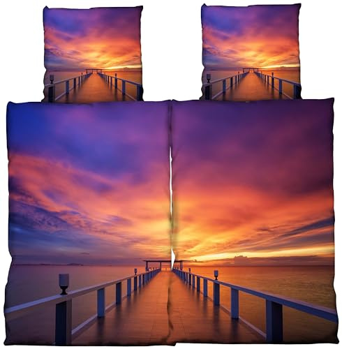 one-home Bettwäsche 135x200 cm Mikrofaser Bettbezug Fotodruck modern weich und kuschelig knitterfrei für Sommer und Winter geeignet, Farbe:Partner Strand blau, Größe:4 teilig 135x200 cm