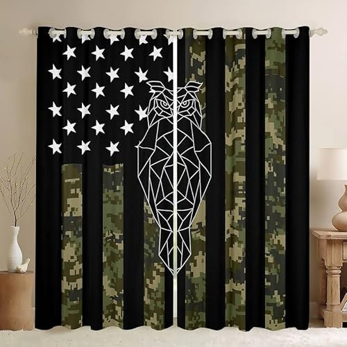 feelingyou Tenda per finestra con bandiera americana con gufo, verde mimetico, bandiera USA, tendaggi per finestre da cucina, 167 x 183 cm, stampa astratta animali selvatici, tende decorative per