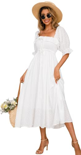 R.Vivimos Women's Polka Dot Slim Half Sleeve Puff Flare Sleeve Square Neck Tie Long Midi Dress (XLarge,White#2)