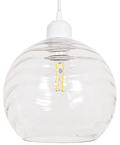Modern Designer Clear Transparent Circular Ribbed Glass Non Electric Pendant Lamp Shade | 40w Maximum | 20cm Diameter | Spherical Shape Wavy Design by Happy Homewares