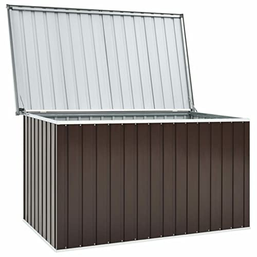 Gecheer Gartenbox Auflagenbox Kissenbox Aufbewahrungsbox Truhe Box Metallgerätehaus Metall-Gerätebox Gartenmöbel Gartenkasten Gartentruhe Werkzeugkasten Outdoor Schrank Braun 171 x 99 x 93 cm