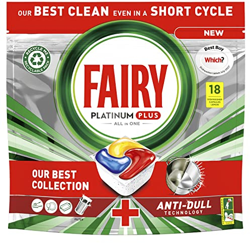 Fairy Platinum Plus All In One Dishwasher Tablets, Lemon, 18 Tablets, Our Best Cleaning For A Clean Like New, Removes Dullness & Prevents Limescale