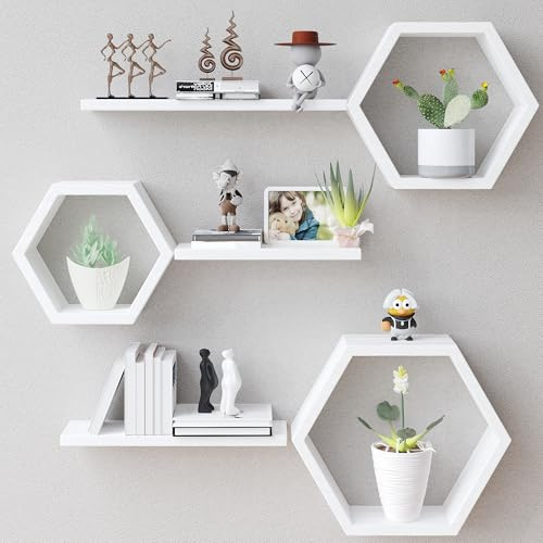 Sechseckige schwebende Holzregale zur Wandmontage – Set mit 6 sechseckigen Regalen aus Kiefernholz für Fotos, Pflanzen, rustikale Wabenregale für Wohnzimmer, Schlafzimmer, Bürodekoration, weiß