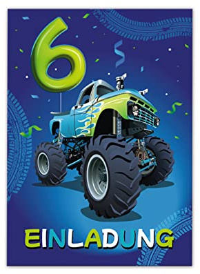 Junaversum 12 Einladungskarten zum 6. Kindergeburtstag Einladung sechste Geburtstag Jungen Auto Monster-Truck