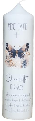 TAUFKERZE | KOMMUNIONKERZE | KONFIRMATIONKERZE Schmetterling - Tiermotiv - für Mädchen und Jungen | beschriftet mit Namen und Datum, Taufspruch