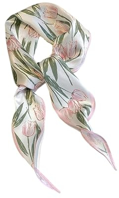 GIMIRO Satin Schal 120cm x 36cm Rhombus Bunte Schals Floral Band Damenschal Weiß mit Rosa Tulpenmuster Grüne Blätter (Pink Tulip)