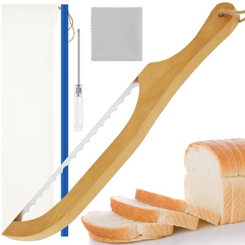 Fyeme Couteau à pain pour pain fait maison - 40 cm - Lame dentelée - Manche en bois - Couteau à pain avec tournevis, chiffon de nettoyage, sac de rangement, couteau à petit-déjeuner - Empêche les