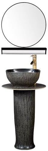 ZTGL Design Standwaschbecken Freistehend Schwarzes Steinmuster aus Keramik Waschtisch Waschplatz Standsäule Waschbecken with Combination Tap and Drain,with Mirror
