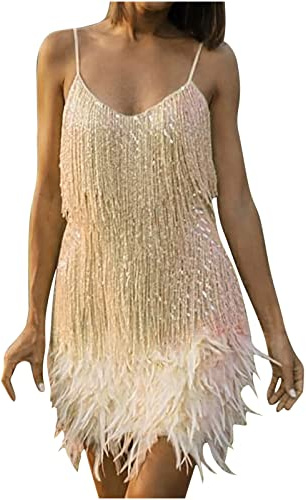Women Flapper Strap Dresses 1920s Gatsby Sequins Tassels Flapper Sexy Cocktail Latin Dance Ballroom Dress Fringe Sparkly Party Dress Tiered Layered Sequins Sleeveless Solid Dresses