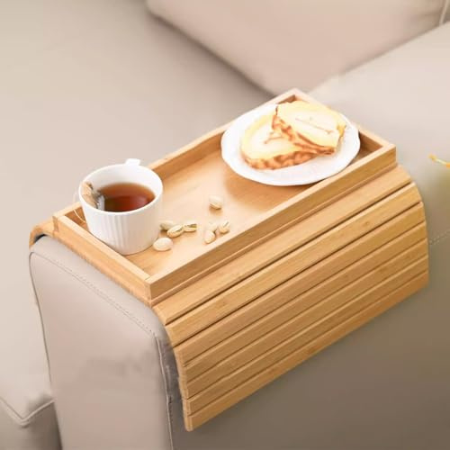 SHUESS Sofatablett Armlehne aus Bambus, 33,5 x 45 cm Faltbare Sofa Ablage, Couch Tablett rutschfest mit 33,5 x 16 cm Ablagefläche, Armlehnen Ablage für Snacks, Getränke, Handy, Computer