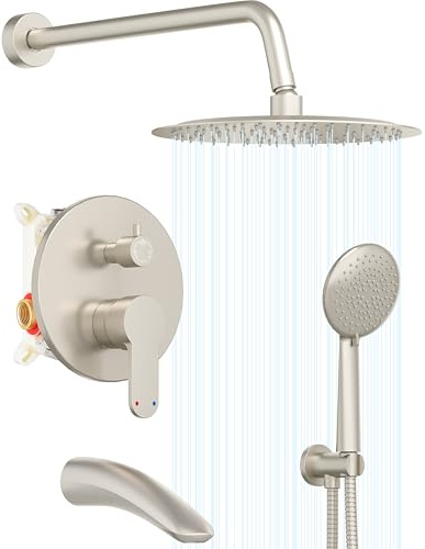 Gabrylly Bathtub Shower System, Shower Faucet Set with Tub Spout, High Pressure 10 Rain Shower head with Handheld Spray, Shower Fixtures with Pressure Balance Shower Valve, Brushed Nickel