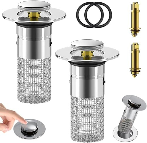 LeuKoles Waterjake Pop-up Ablaufventil waschbeckenstöpsel für 34-40mm Abflussstopfen mit Sieb,Raffiniertes Kupfer Bounce Core,Bad Waschbecken-Haarsieb,2 Stück