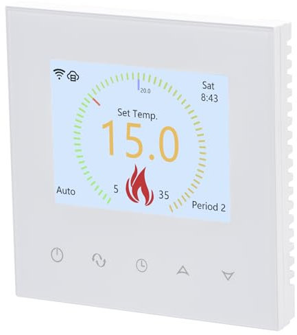 Wengart Termostato WiFi WG380, Pantalla LCD TFT a Color CA 230 V, Botones táctiles, 6 Idiomas Opcionales, Salida de 3 A, aplicación Tuya de 2,4 GHz, Compatible con Control por Voz (Blanco)