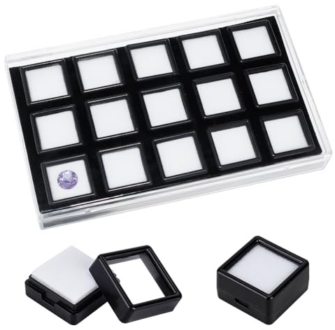 BENECREAT 15 Pack Gemstone Display Box, 28x28x16.5mm Black Diamond Display Case Jewelry Box Container with Clear Glass Window for Treat, Gems, Diamond