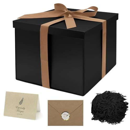 GOIYZTTR Caja de Regalo Con Tapa Negro 23 * 23 * 18cm Plegable Caja Regalo Profundo con Cinta, Viene con Tarjeta de Felicitación y Rafia para Embalaje de Regalo