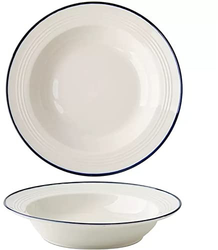Platos de borde ancho, cuencos grandes para servir ensalada para restaurante, con bordes azules, cuencos de sopa con borde de cerámica
