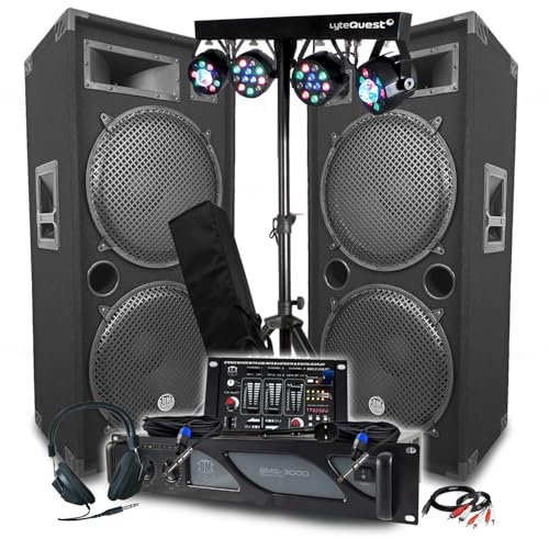 Pack Sono BM Bmsonic Amplificador 3000 W, par de altavoces LSC215 2 x 2000 W, mesa mezcladora Bluetooth, pórticos 8 luces LED