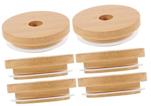 PRETYZOOM 6pcs Wood Grain Jar Lids Straw Hole Silicone Seal Airtight Leak-proof Jar Covers for 70mm Household Cup and Bottle Lid Set