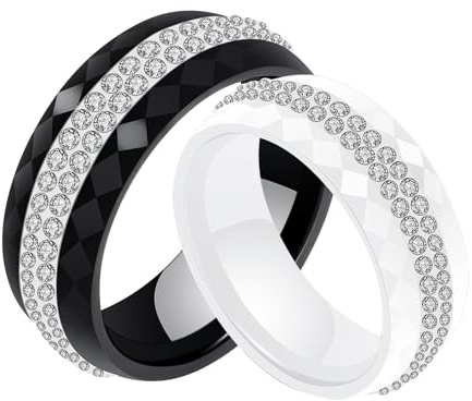 AMDXD Schmuck Keramik Ringe 8mm, Trauringe Zirkonia Pave Elegante Polished Hochzeit Ehering Verlobungsring, Schwarz/Weiß, Gr.52-62