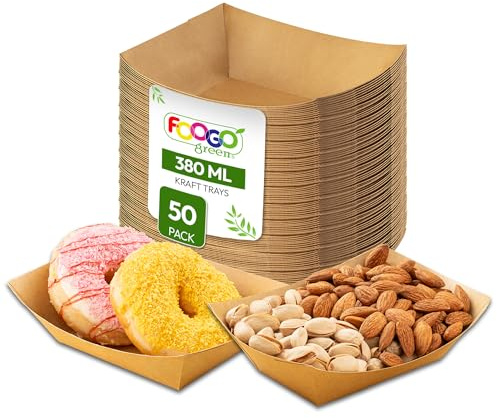 FOOGO Green 50pcs Party Paper Food Trays 380ml (13oz), 17x13.3x4cm | FSC® Certified, Preassembled Medium Takeaway Food Boxes, Eco-Friendly Water & Oil-Proof, Disposable Cardboard Serving Trays