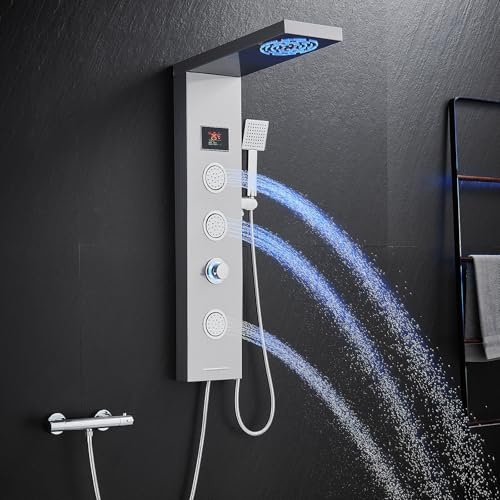 KINKIBOS Panel de ducha sin grifería, 6 funciones, panel de ducha con indicador de temperatura LED, ducha de lluvia, ducha de niebla, chorros de masaje, ducha de mano y entrada de bañera, columna de