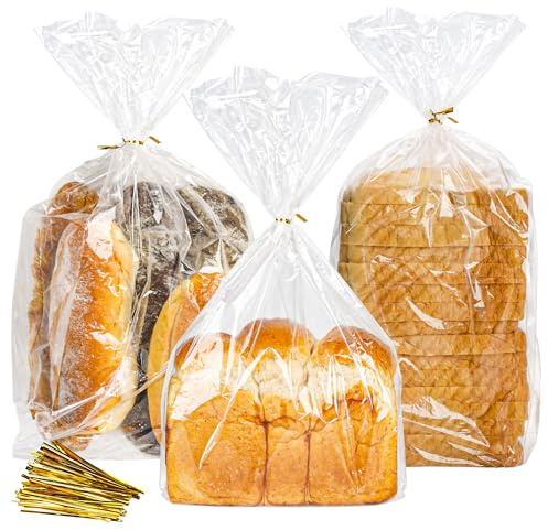 BTSD-home 50 Stück Brottüten mit boden Brotbeutel Geschenktüten Durchsichtig mit 50 goldene Twist Kunststoff Butterbrottüten für Brot Dount Geburtstagsparty Hochzeit(20.3x45.7x10.1cm)