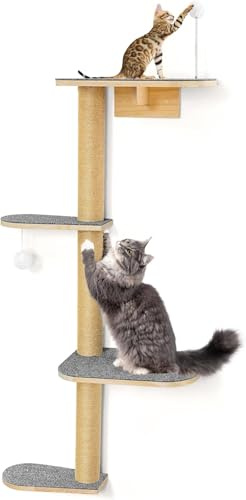 Kratzbaum 125cm Kletterwand Katzen, Wandmontierter Katzenkratzbaum 4 Stöckig aus Natürliches Holz mit Grauem Robustem Filzstoff, Wandkratzbaum für Katzen zum Klettern, Kratzen und Spielen