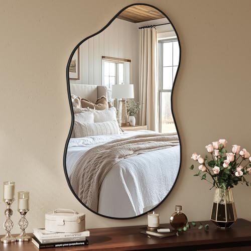 MAMIZO Miroir asymétrique, 66 x 116 cm, miroir mural de forme irrégulière, verre trempé, cadre en aluminium, miroir décoratif, miroir de maquillage unique, miroir de salle de bain, noir