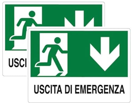 N° 2 CARTELLO SEGNALETICO IN PLASTICA 20X30 USCITA DI EMERGENZA FRECCIA IN BASSO IMBUSTATO SINGOLARMENTE