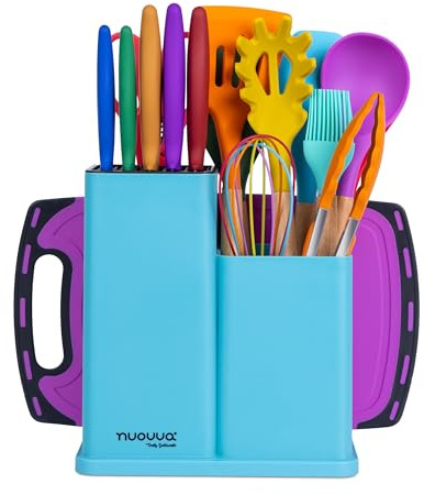 Cooking Utensils Set with Chopping Board – Knife Set with Block – Heat Resistant Silicone Utensils with Wooden Handle, Spoons, Ladles & Spatula – Kitchen Tools & Accessories, 17pcs, Colour – by Nuovva