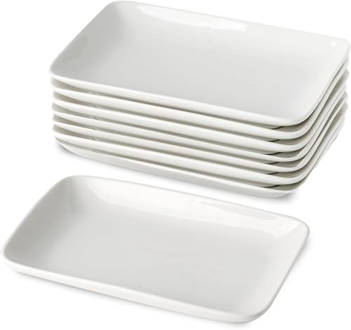 UIBFCWN 8 Inch Rectangular Appetizer Plates, 8 Pieces Ceramic Rectangle Salad Plates Dessert Plates, White Serving Dishes for Serving Food, Appetizer, Dessert, Dinner, Party