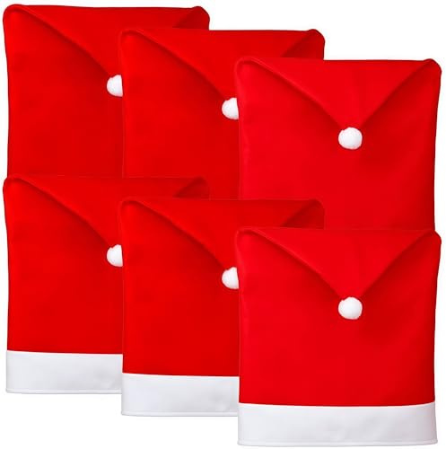CZSYZCZS Christmas Chair Covers, Red Hat Dining Chair Slipcovers,Red Chair Back Cover Fabrics Santa Claus Hat Slipcover for Xmas Decor Dining Room Holiday 6pcs