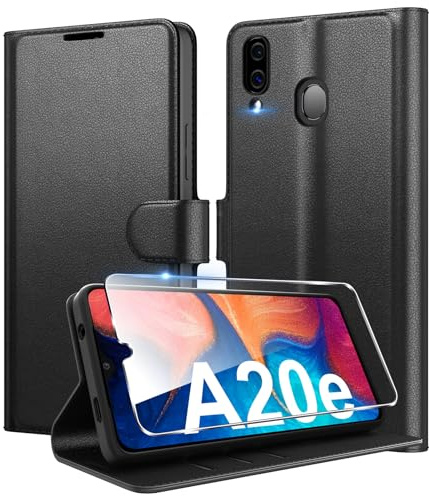 Eirltiy Coque pour Samsung Galaxy A20e en Premium Cuir PU, Portefeuille Housse Etui pour Cartes Protection Anti-Choc Flip Case avec 1 Verre Trempé Noir