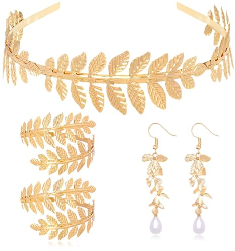 AIEDECOPT Conjunto de Accesorios para Disfraz de Diosa Griega, Corona de Hoja de Laurel Dorada, Brazaletes de Hojas y Pendientes, Accesorios de Disfraz Mujer, para Boda, Fiesta, Carnaval y Halloween