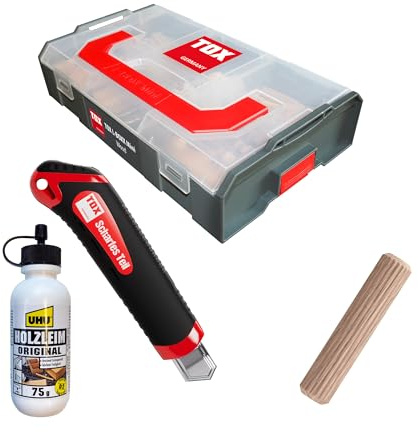 TOX Set L-BOXX Mini Wood + cutter, chevilles 6/30, 8/40, 10/40, colle bois, forets et butée de profondeur, boîte rangement compacte pour menuiserie, montage meubles et atelier, 094909177