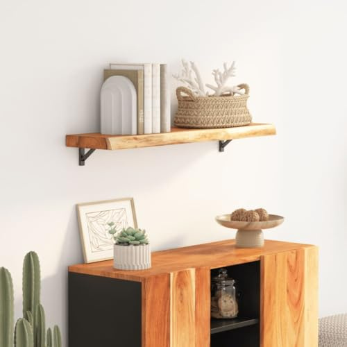 Teenpull Wandregal Massivholz Akazie 90x20x3,8 cm, Rechteckig mit Naturkante, Robustes Schweberegal für Bücher, Pflanzen, Deko, Büro und Wohnzimmer, Langlebiges Möbelstück