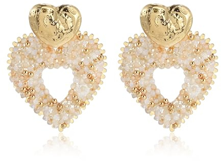 Champagne Beige Boho Herz Ohrringe Damen Handgefertigte Perlen Hängeohrringe mit Gold Herz Leichte Statement Ohrringe Sommer Schmuck für Frauen