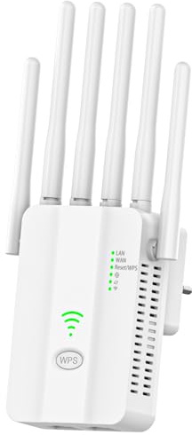 Repeteur WiFi Puissant, Amplificateur WiFi, Répéteur WiFi avec 6 Antennes, 2 Ports LAN, Modes (Répéteur, Routeur, AP), Couverture jusqu'à 3000 pi², pour la Maison et Le Bureau, Installation Facile